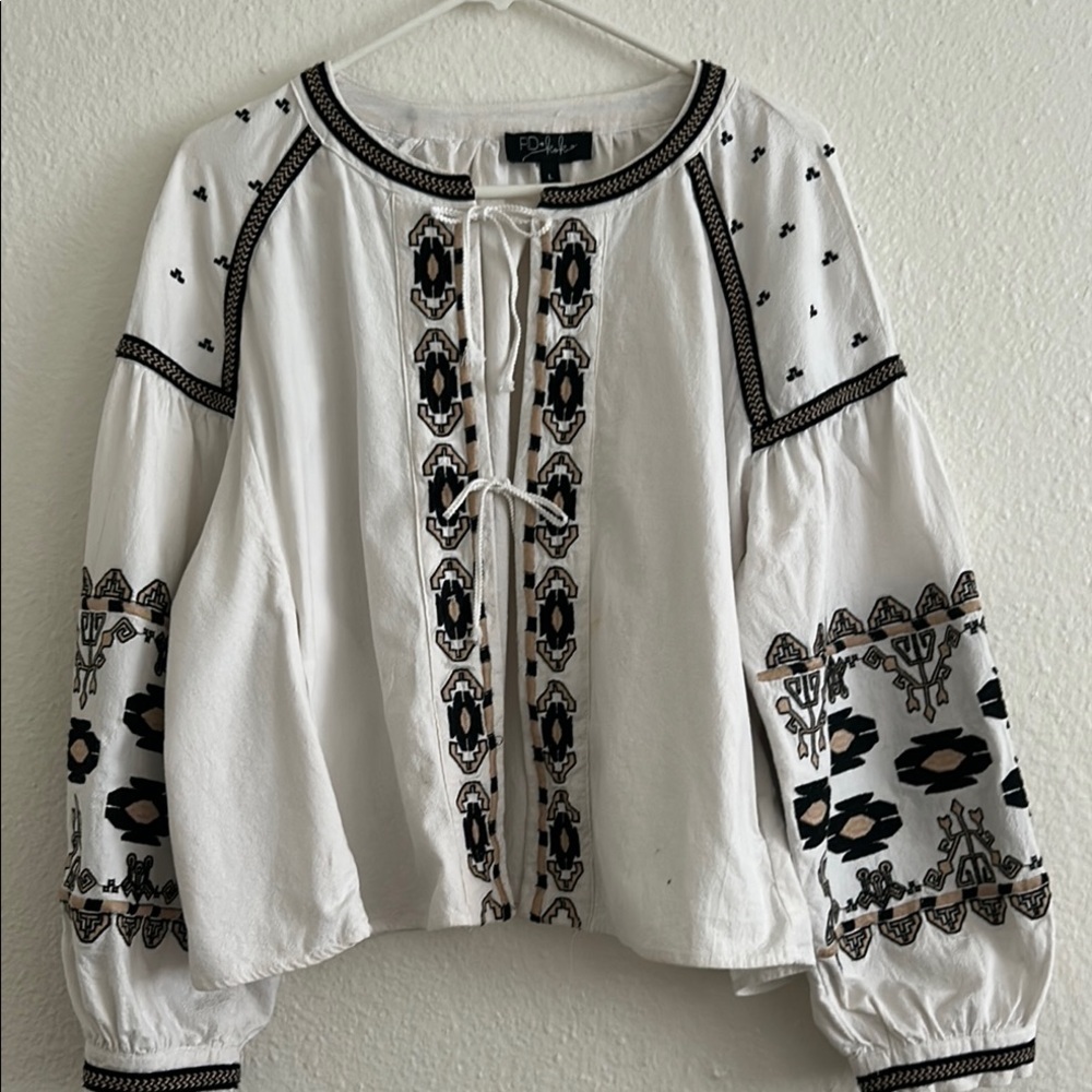 RD & Koko Tribal Embroidered Front-Tie Blouse Jacket